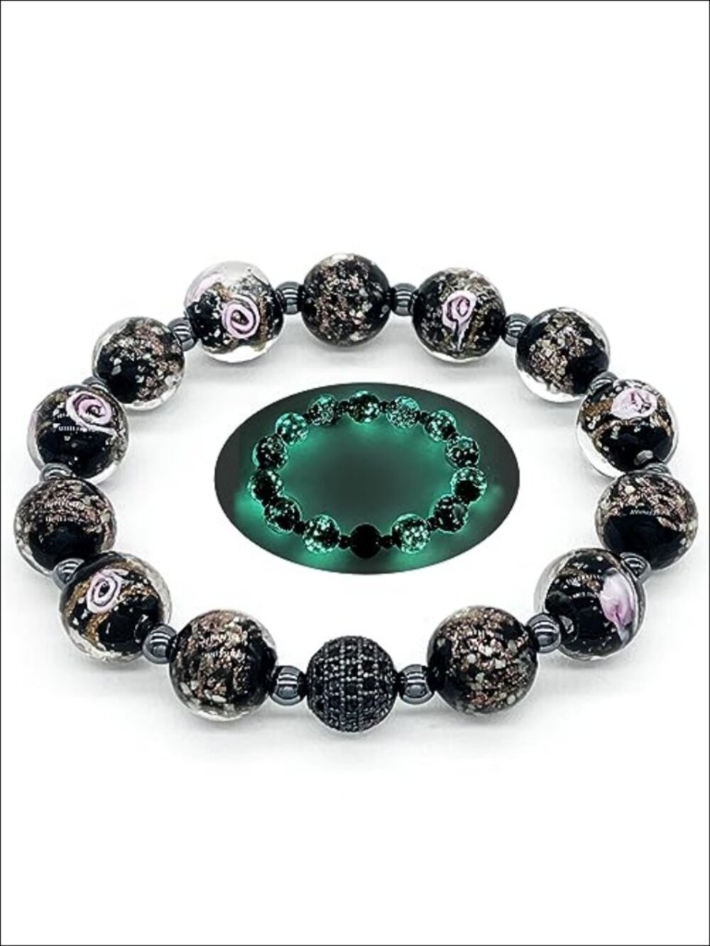 Murano Glass Bead Stretch Bracelet Glow in the Dark Firefly 12mm Handmade